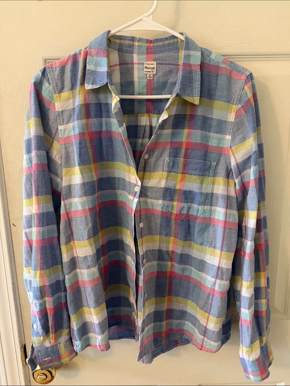 Madewell Pastel Plaid Button-Up Shirt in Light Blue, Pink & Yellow